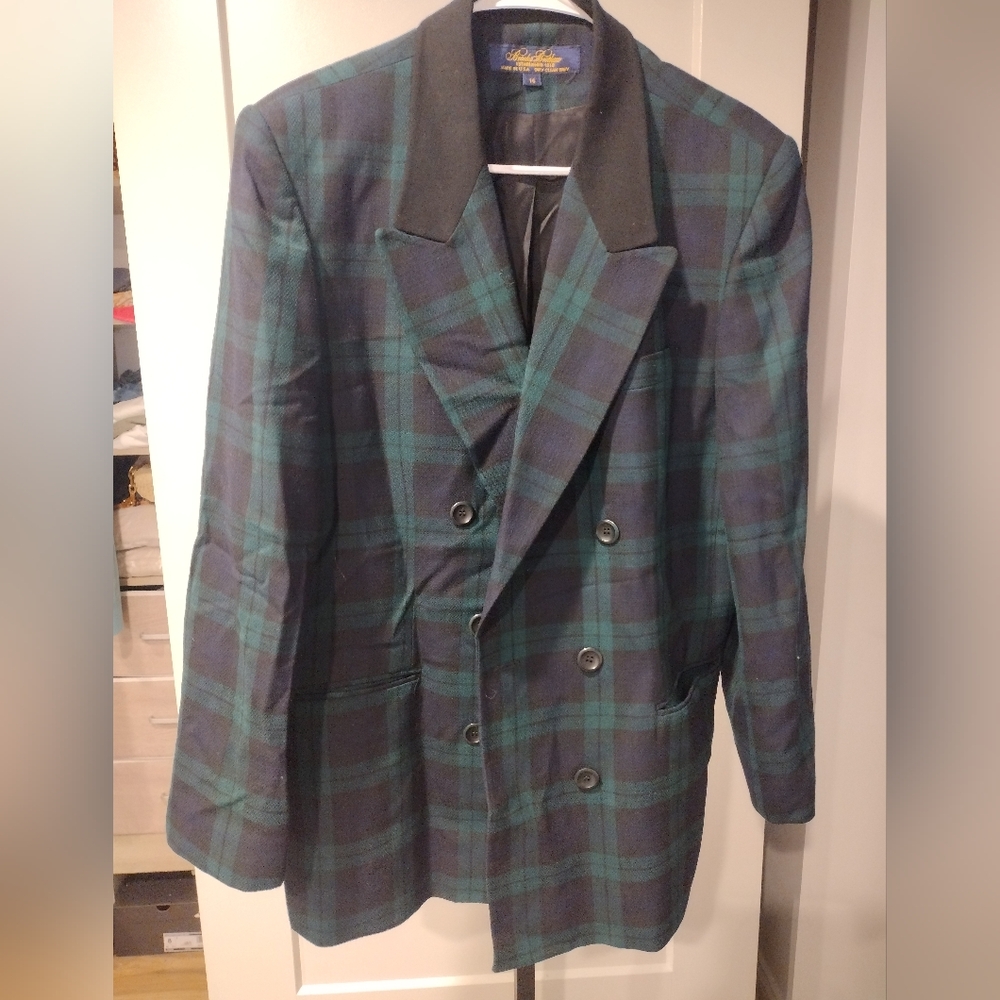 Vintage Brooks Brothers Blazer Worsted‎ Wool Tartan green And Black Plaid